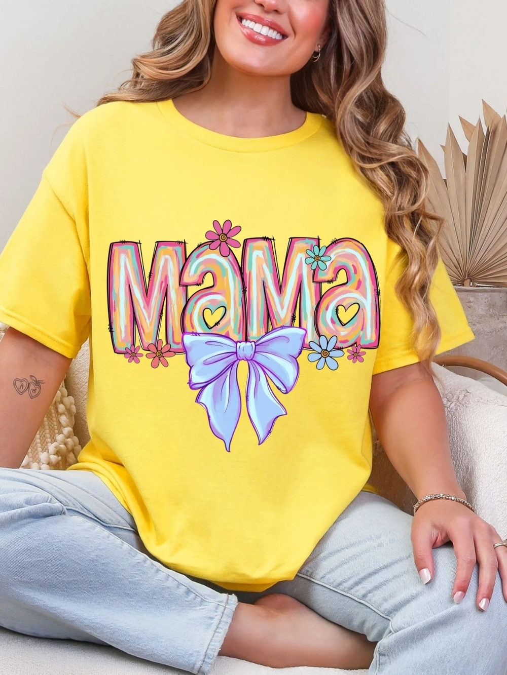 Gildan Yellow Mama Graphic Tee with Pastel Bow